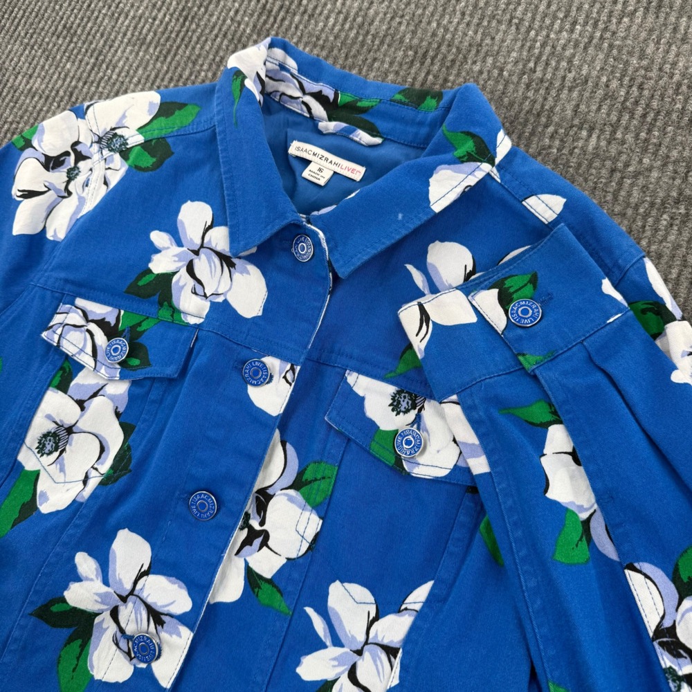 Isaac Mizrahi Live Womens 16 Blue Floral Denim Trucker Jacket Button Front